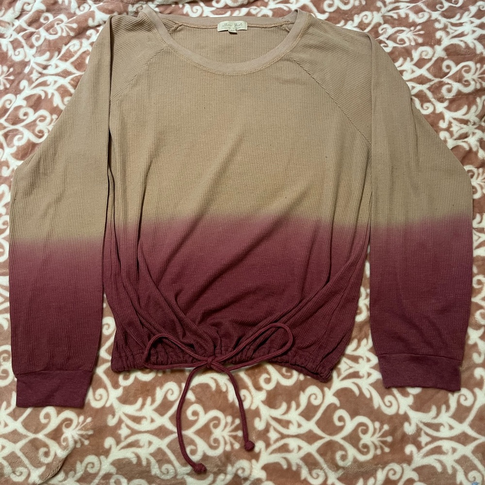 Beige to pink gradient long sleeve shirt with drawstring